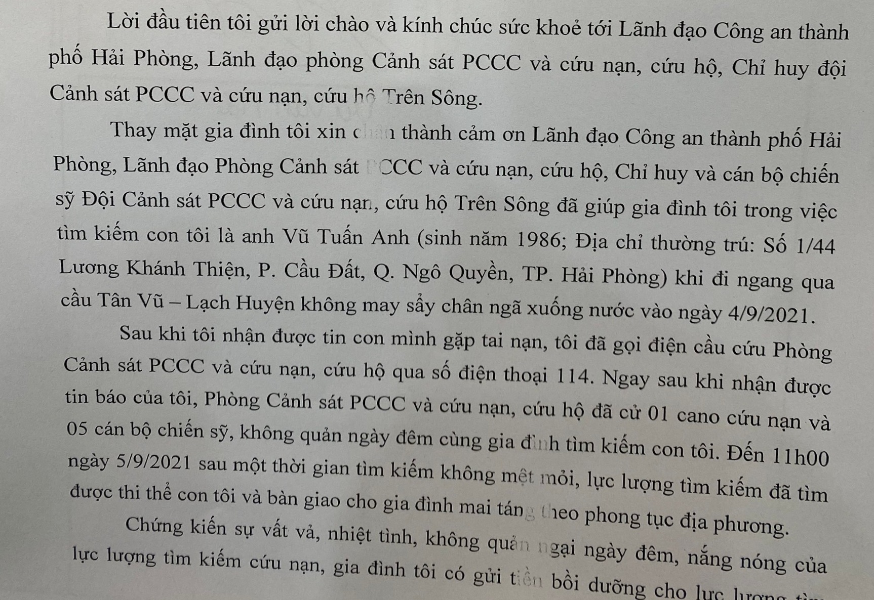 Ông Vũ Văn Hải ở quận Ngô Quyền, TP Hải Phòng gửi thư cảm ơn